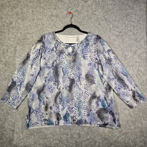 Alfred Dunner Womens Blue Snakeskin Rhinestone Sparkle Keyhole Blouse Size XL